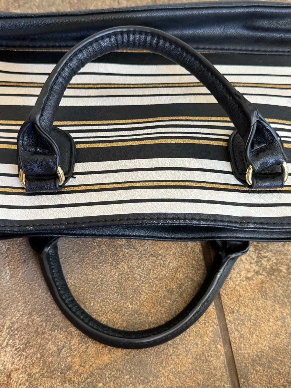 Luv Betsey by Betsey Johnson Striped Satchel Handbag Black White Gold Y2K